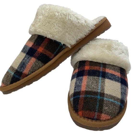 Minnetonka Shar Fur Trim Slipper Plaid Print Size 7M - Picture 1 of 16